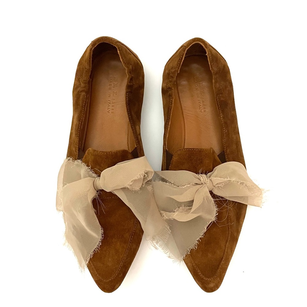 I.N.K. Shoes Italy Brown Suede Pointed Toe Flats with Chiffon Bow Detail Size 39